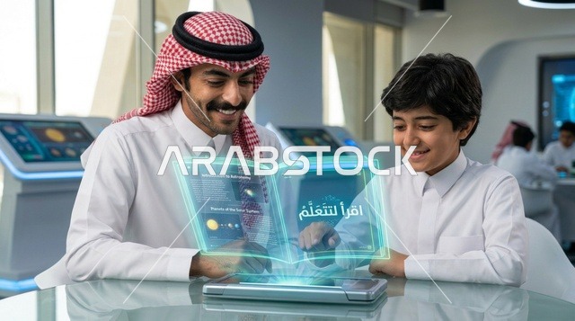 أب سعودي مع ابنه يتعلمان عبر تقنية الهولوغرام