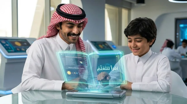 أب سعودي مع ابنه يتعلمان عبر تقنية الهولوغرام