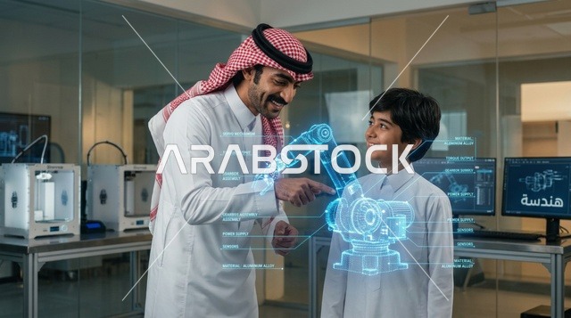 أب وابنه بزي سعودي يدرسان الهندسة والروبوتات بالهولوغرام