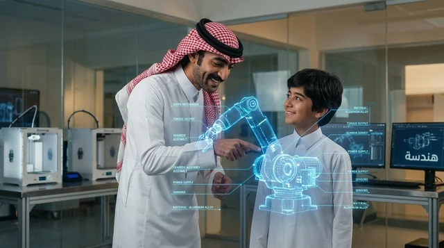 أب وابنه بزي سعودي يدرسان الهندسة والروبوتات بالهولوغرام
