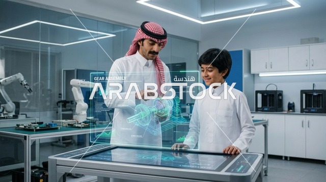 معلم وطالب سعودي في مختبر روبوتات متطور