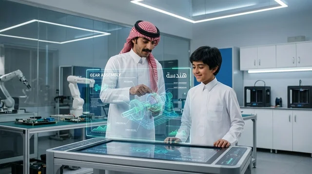 معلم وطالب سعودي في مختبر روبوتات متطور