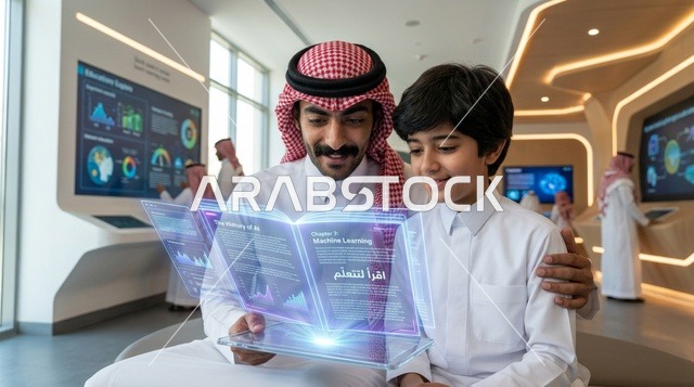 رجل وطفل سعودي يتصفحان كتاب هولوغرام تفاعلي