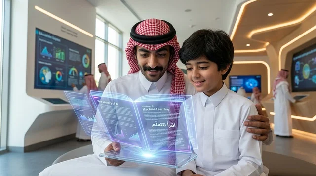 رجل وطفل سعودي يتصفحان كتاب هولوغرام تفاعلي