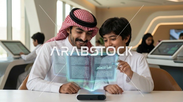 Saudi Father and Son Using Hologram Education Book