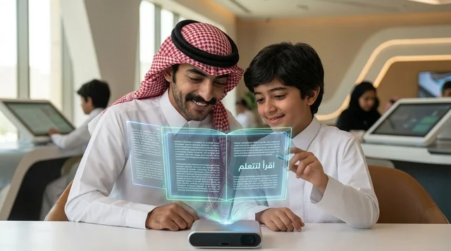أب سعودي وابنه يستخدمان كتاب هولوغرام للتعليم الحديث