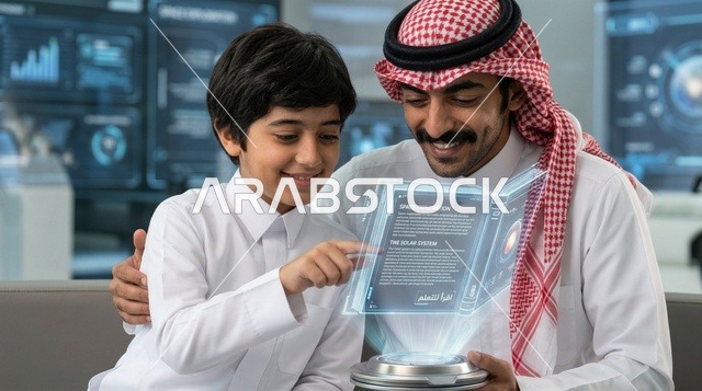 أب سعودي وابنه يدرسان عبر كتاب هولوجرام مستقبلي رقمي