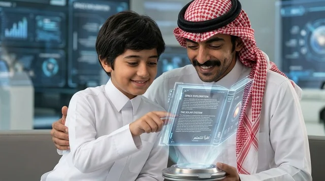 أب سعودي وابنه يدرسان عبر كتاب هولوجرام مستقبلي رقمي