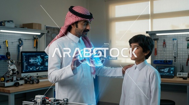رجل سعودي يعلم طفلاً باستخدام تقنية الهولوغرام في مختبر