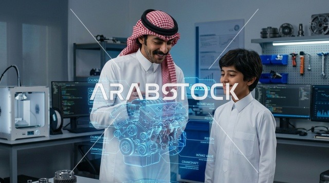 Saudi Man and Boy Examining Holographic Engine in Lab