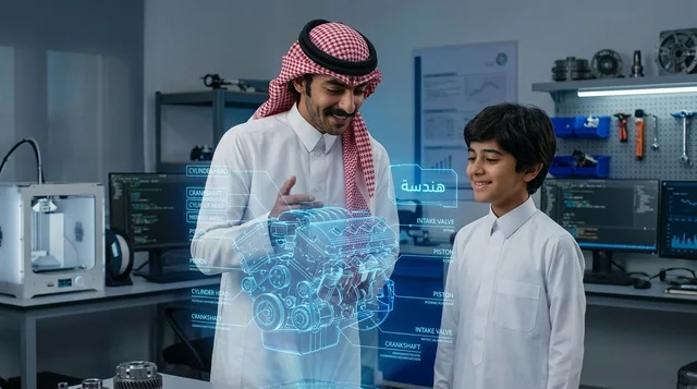 رجل وطفل سعودي يشاهدان مجسم هولوغرام لمحرك في مختبر