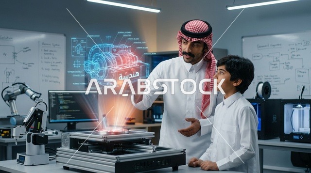 مهندس سعودي يعلم طالباً باستخدام الهولوغرام في المختبر