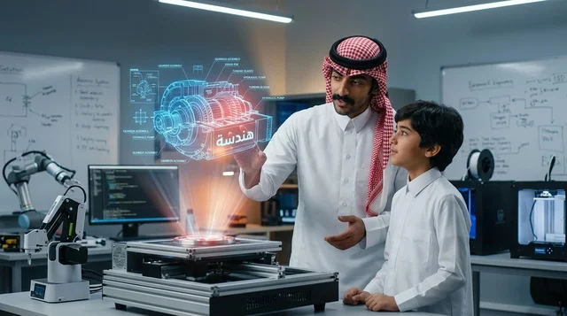 مهندس سعودي يعلم طالباً باستخدام الهولوغرام في المختبر