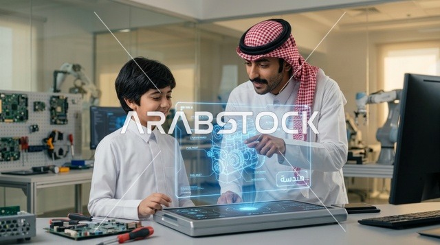 مهندس سعودي يعلم طفل الروبوتات في المختبر