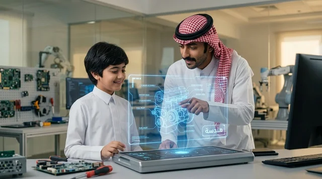 مهندس سعودي يعلم طفل الروبوتات في المختبر
