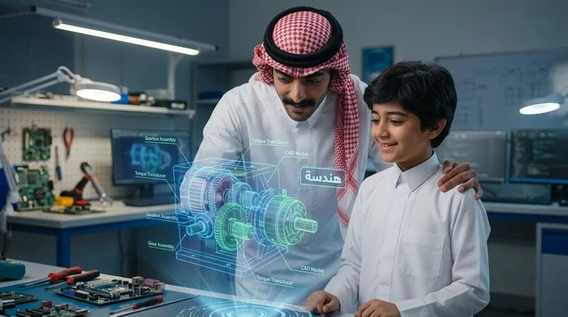 معلم سعودي يشرح الهندسة عبر هولوغرام ثلاثي الأبعاد
