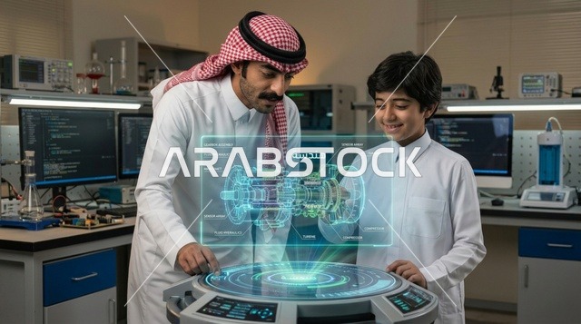 رجل سعودي وطفل يتفحصان هولوجرام في مختبر العلوم