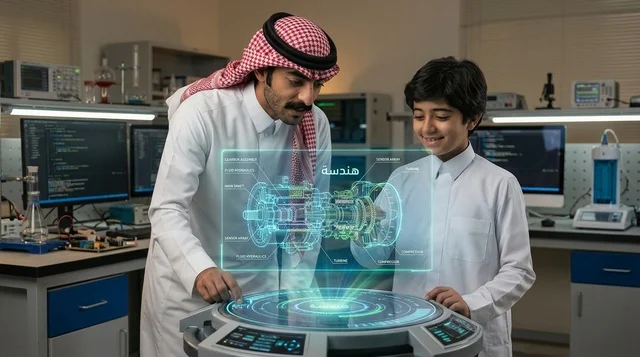 رجل سعودي وطفل يتفحصان هولوجرام في مختبر العلوم