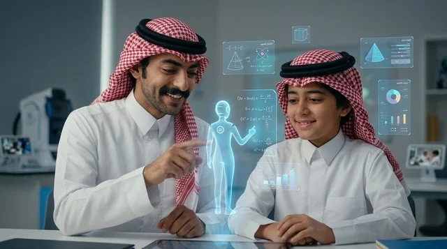 رجل سعودي وطفل يتعلمان عبر تقنية الهولوغرام