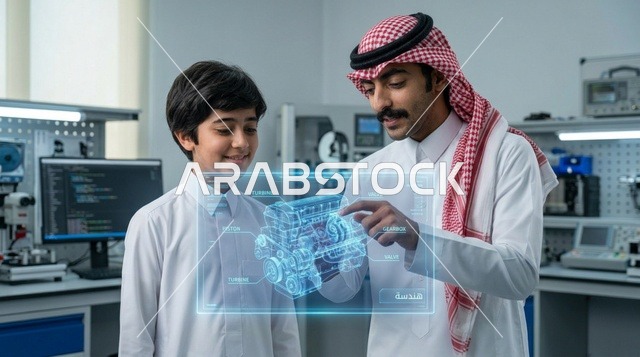 مهندس سعودي يشرح مجسم هولوجرام تفاعلي لطالب في مختبر