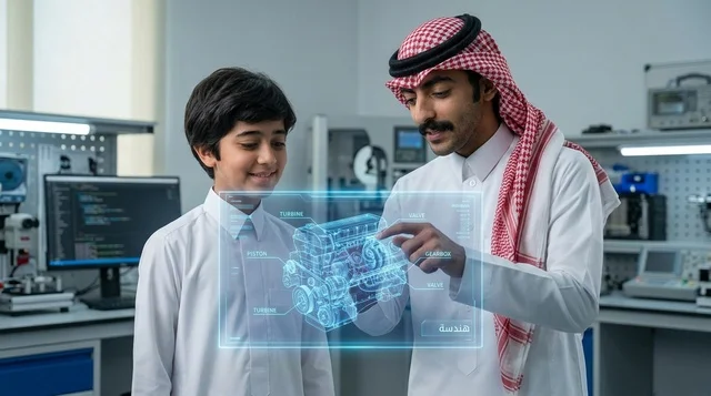 مهندس سعودي يشرح مجسم هولوجرام تفاعلي لطالب في مختبر