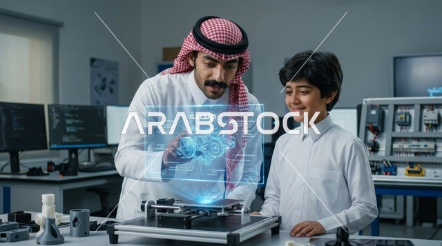 مهندس سعودي مع طفل يستعرضان تقنية الهولوغرام في مختبر