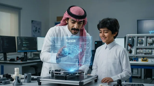 مهندس سعودي مع طفل يستعرضان تقنية الهولوغرام في مختبر