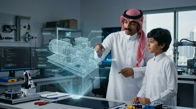 مهندس سعودي يشرح هولوغرام ثلاثي الأبعاد لطالب في مختبر