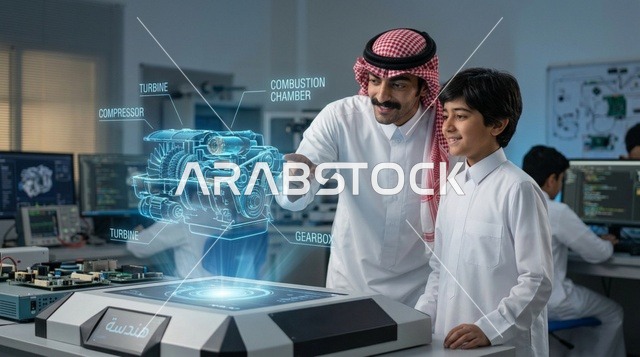 معلم سعودي يشرح نموذج هولوغرام ثلاثي الأبعاد لطالب