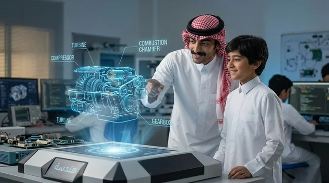 معلم سعودي يشرح نموذج هولوغرام ثلاثي الأبعاد لطالب