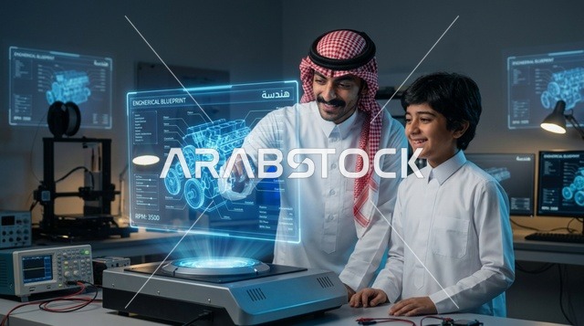 مهندس سعودي وطفل مع هولوغرام ثلاثي الأبعاد في المختبر