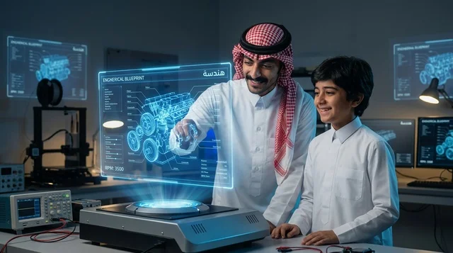 مهندس سعودي وطفل مع هولوغرام ثلاثي الأبعاد في المختبر