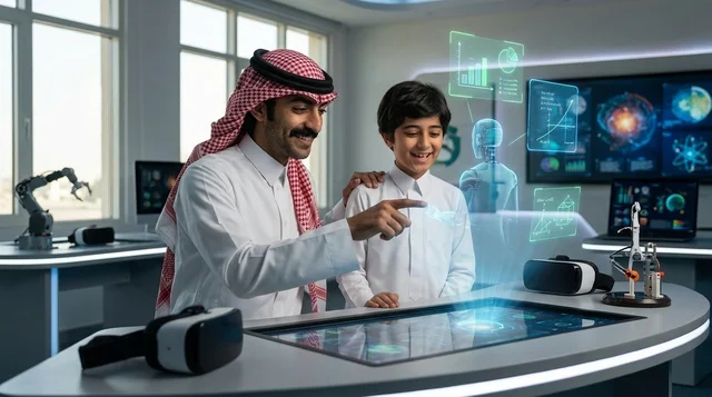 أب سعودي وابنه في مختبر تقنية وهولوغرام مستقبلي