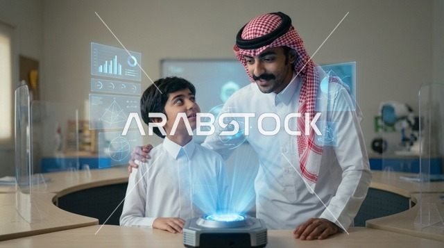 معلم سعودي وطالب في الفصل الدراسي يستكشفان الهولوجرام