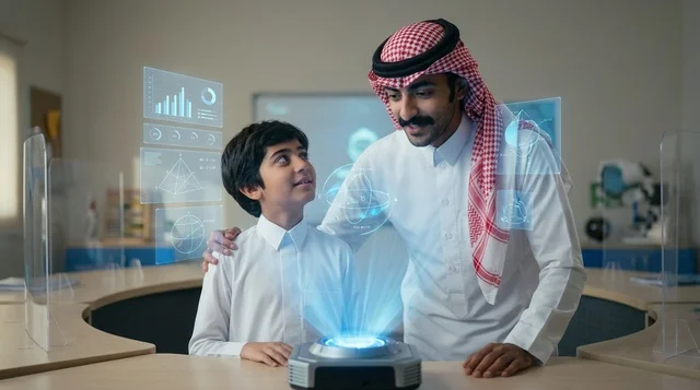 معلم سعودي وطالب في الفصل الدراسي يستكشفان الهولوجرام