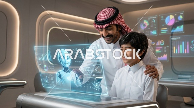 أب سعودي وابنه يتفاعلان مع شاشة هولوغرام مستقبلية