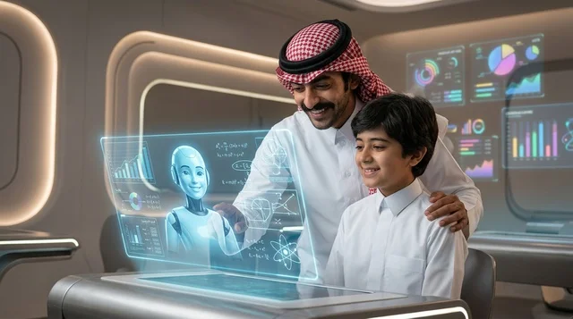 أب سعودي وابنه يتفاعلان مع شاشة هولوغرام مستقبلية