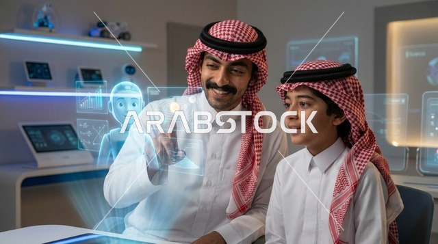 مواطنون سعوديون يتفاعلون مع شاشات هولوغرام مستقبلية