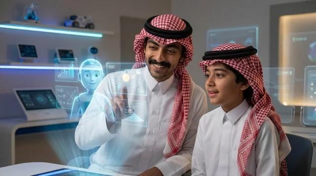 مواطنون سعوديون يتفاعلون مع شاشات هولوغرام مستقبلية