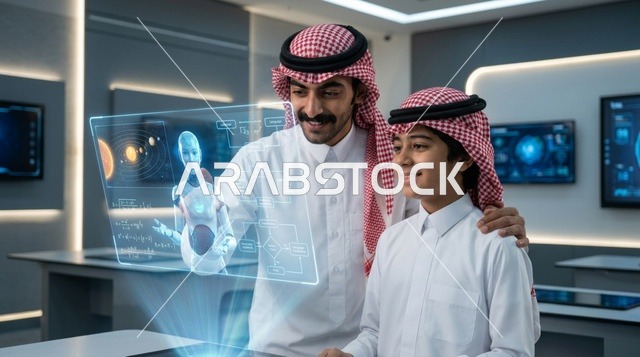 رجل وطفل سعوديان يتفاعلان مع شاشة هولوغرام مستقبلية