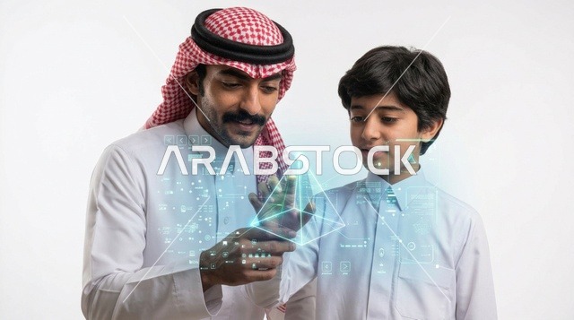 Saudi Man and Boy Interacting with Hologram Technology