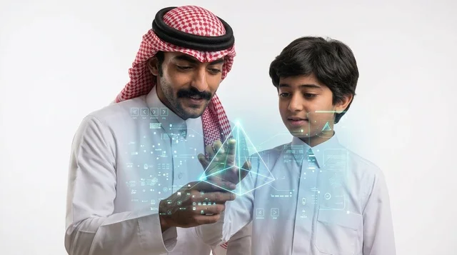 رجل وطفل سعوديان يتفاعلان مع تقنية الهولوجرام الحديثة
