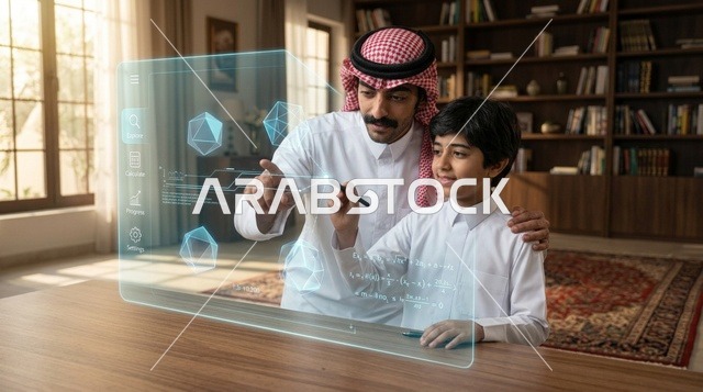 أب سعودي وابنه يتفاعلان مع شاشة هولوغرام ذكية في المنزل