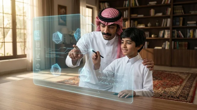 أب سعودي وابنه يتفاعلان مع شاشة هولوغرام ذكية في المنزل