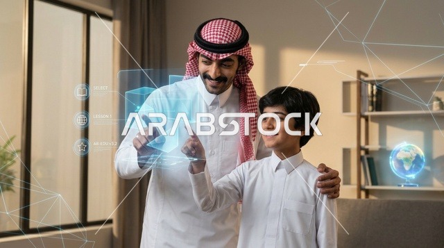 أب وابنه في السعودية يستعملان الهولوغرام للتعليم