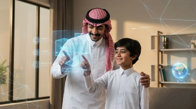 أب وابنه في السعودية يستعملان الهولوغرام للتعليم