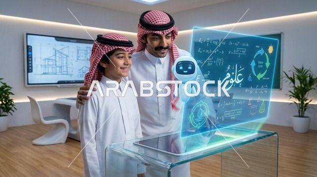 Saudi Father and Son Using Futuristic Hologram Classroom