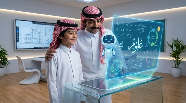أب وابنه سعوديان يستخدمان شاشة هولوجرام تعليمية