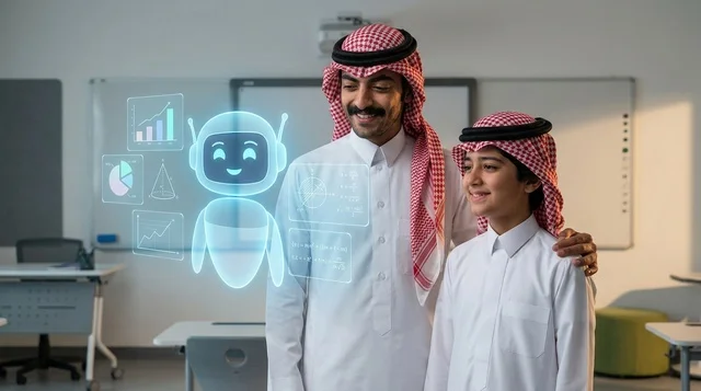 أب سعودي وابنه مع هولوغرام ذكاء اصطناعي في الفصل