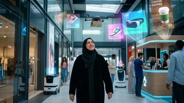 امرأة عربية بالعباءة في مول مستقبلي مع تكنولوجيا الهولوغرام